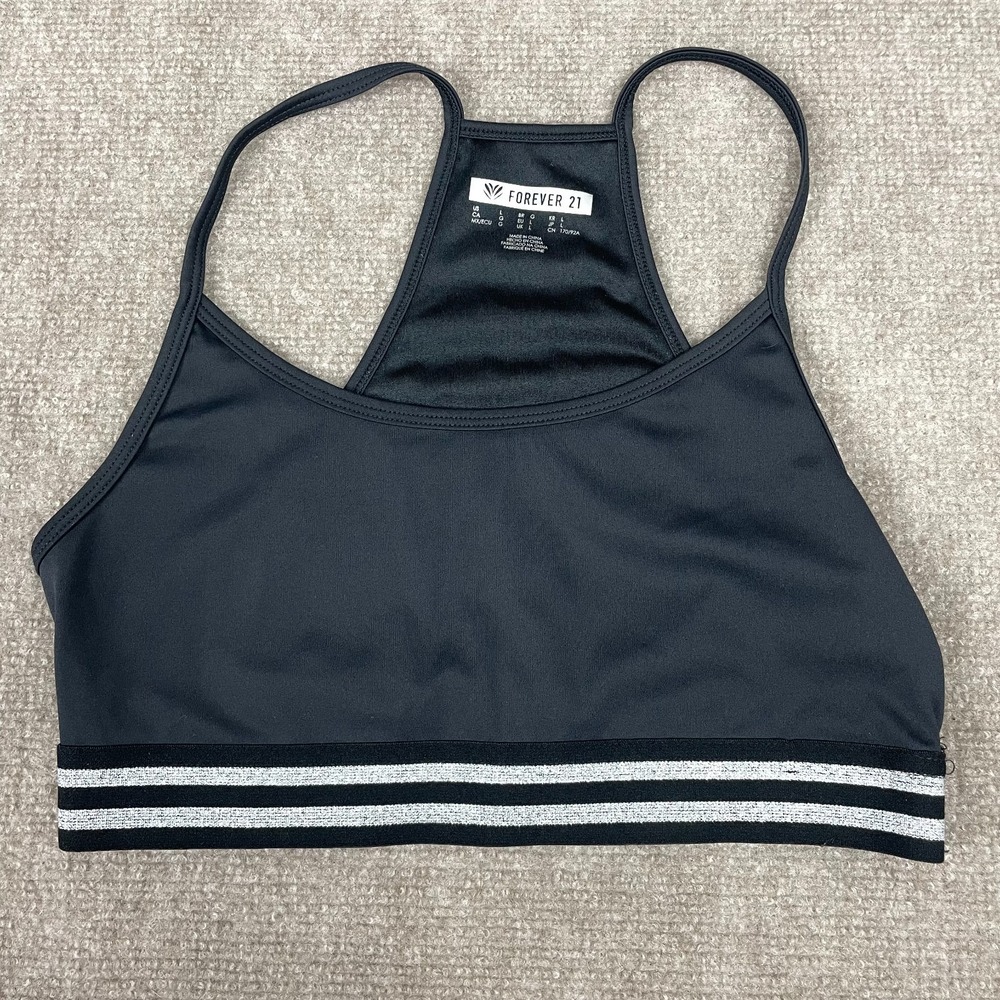 Forever 21 Sports Bra Womens Large Black Stretch Spaghetti Strap Gym Training